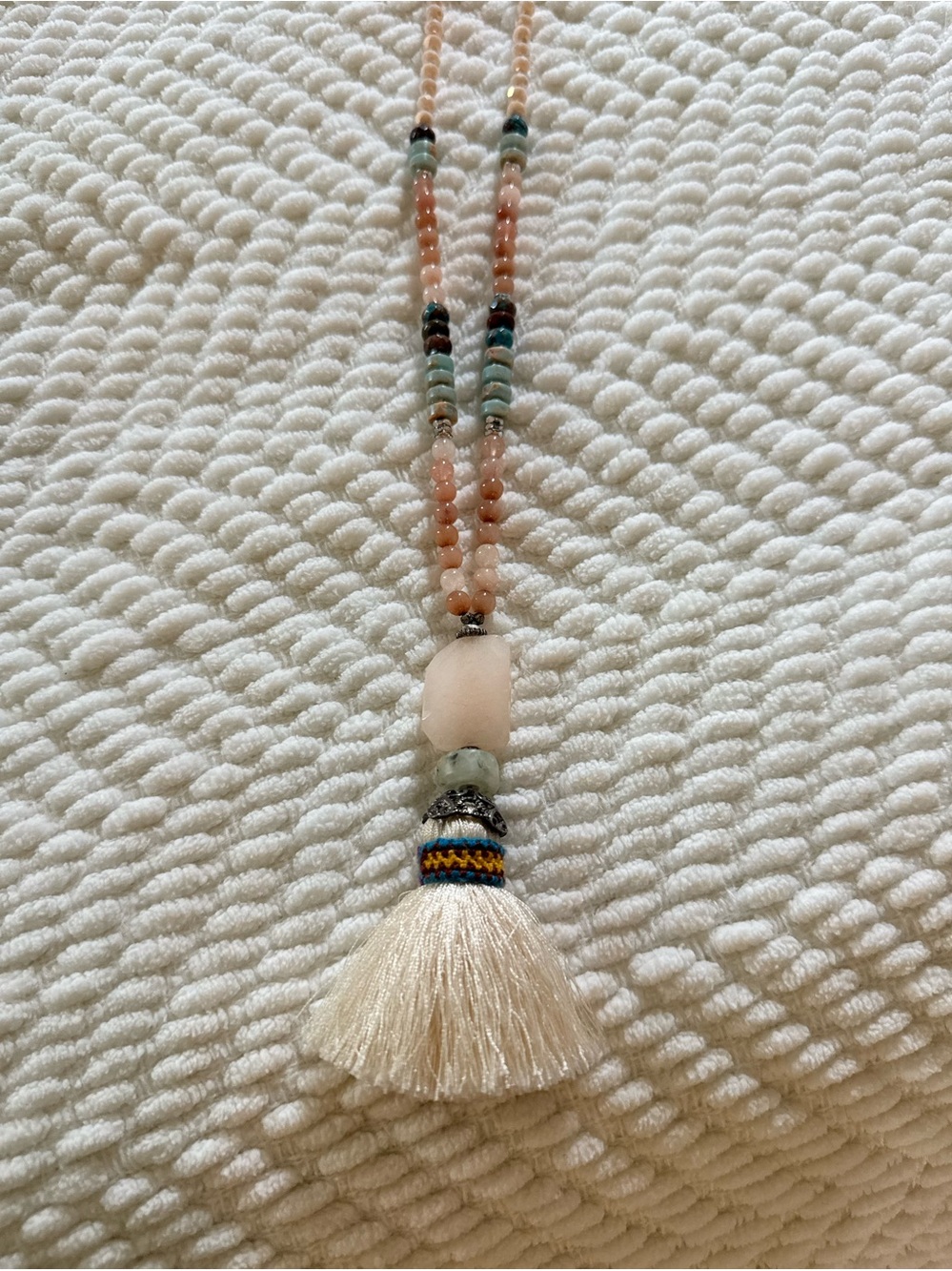 Beaded Tassel Pendant Necklace in Cream and Peach